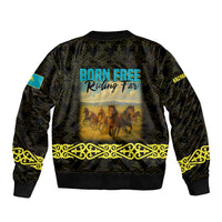 Kazakhstan Born Free Riding Far Bomber Jacket with Wild Horses and Gold Tribal Pattern on Black