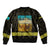 Kazakhstan Born Free Riding Far Bomber Jacket with Wild Horses and Gold Tribal Pattern on Black