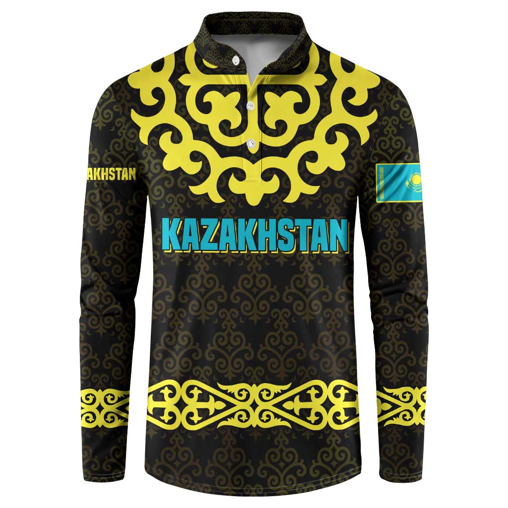 Kazakhstan Born Free Riding Far Button Sweatshirt with Wild Horses and Gold Tribal Pattern on Black