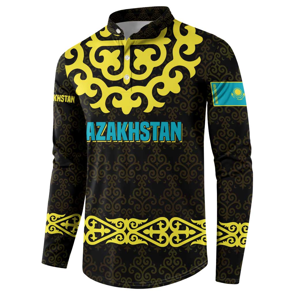Kazakhstan Born Free Riding Far Button Sweatshirt with Wild Horses and Gold Tribal Pattern on Black