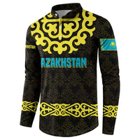 Kazakhstan Born Free Riding Far Button Sweatshirt with Wild Horses and Gold Tribal Pattern on Black