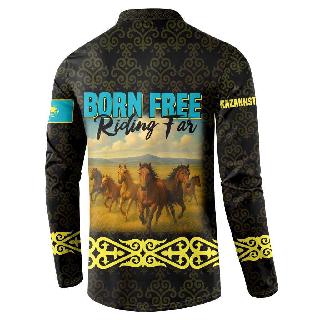 Kazakhstan Born Free Riding Far Button Sweatshirt with Wild Horses and Gold Tribal Pattern on Black