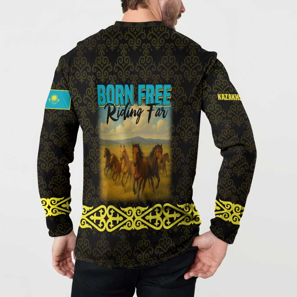 Kazakhstan Born Free Riding Far Button Sweatshirt with Wild Horses and Gold Tribal Pattern on Black