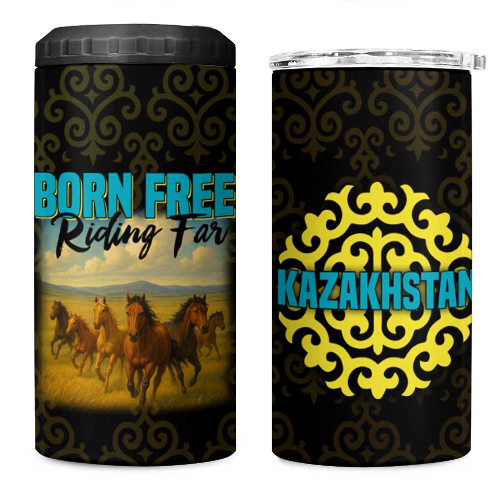Kazakhstan Born Free Riding Far 4 in 1 Can Cooler Tumbler with Wild Horses and Gold Tribal Pattern on Black