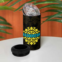 Kazakhstan Born Free Riding Far 4 in 1 Can Cooler Tumbler with Wild Horses and Gold Tribal Pattern on Black