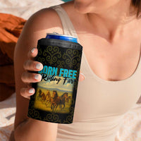 Kazakhstan Born Free Riding Far 4 in 1 Can Cooler Tumbler with Wild Horses and Gold Tribal Pattern on Black