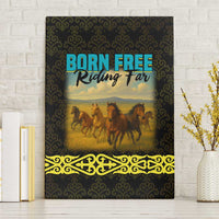Kazakhstan Born Free Riding Far Canvas Wall Art with Wild Horses and Gold Tribal Pattern on Black