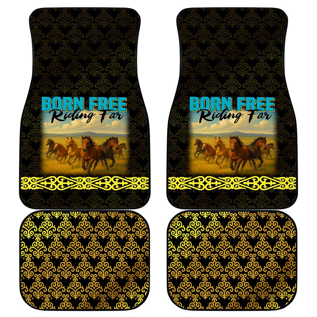 Kazakhstan Born Free Riding Far Car Mats with Wild Horses and Gold Tribal Pattern on Black