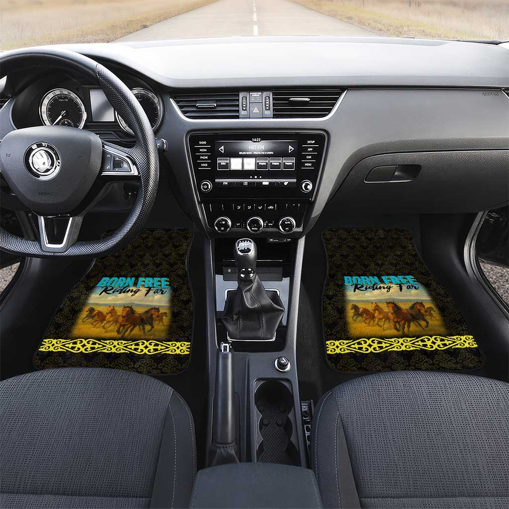 Kazakhstan Born Free Riding Far Car Mats with Wild Horses and Gold Tribal Pattern on Black