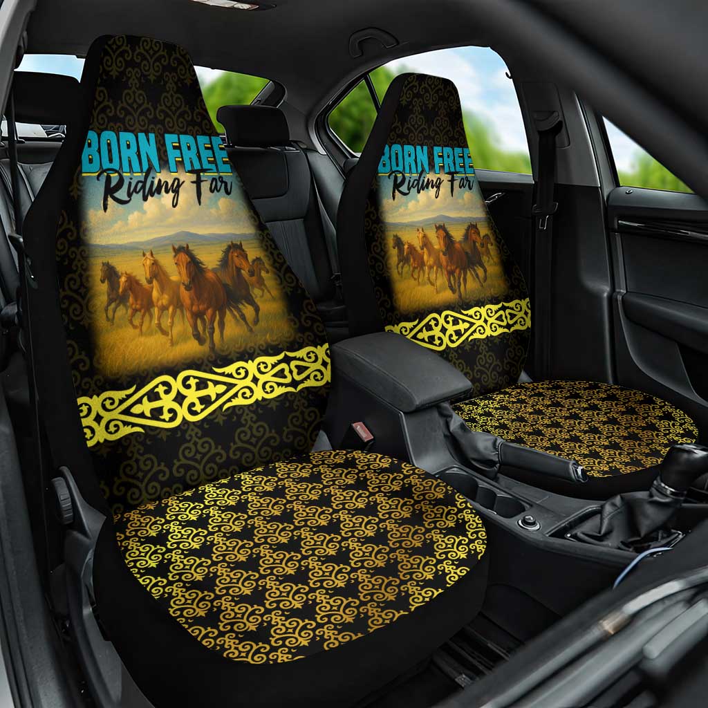 Kazakhstan Born Free Riding Far Car Seat Cover with Wild Horses and Gold Tribal Pattern on Black