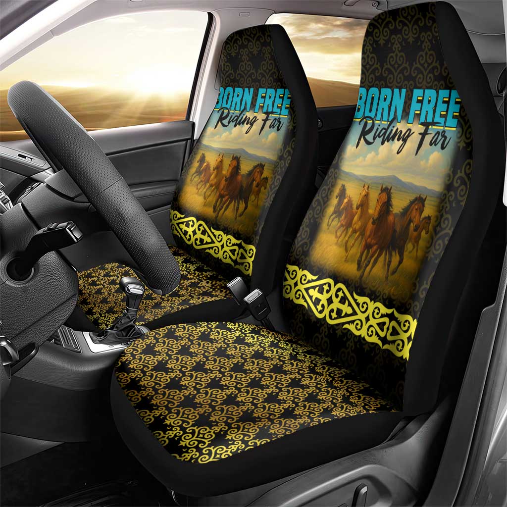 Kazakhstan Born Free Riding Far Car Seat Cover with Wild Horses and Gold Tribal Pattern on Black
