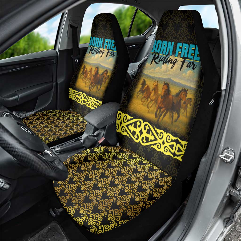 Kazakhstan Born Free Riding Far Car Seat Cover with Wild Horses and Gold Tribal Pattern on Black