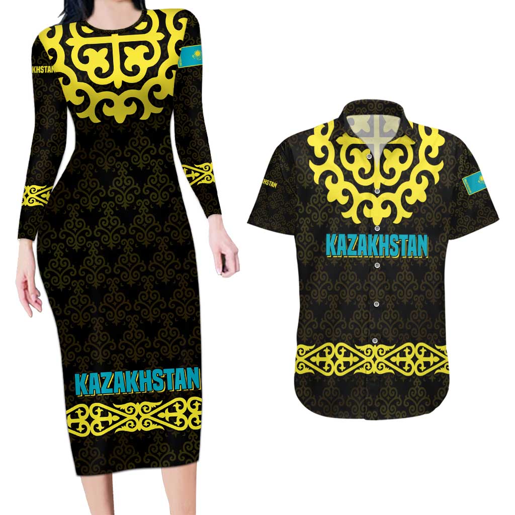 Kazakhstan Born Free Riding Far Couples Matching Long Sleeve Bodycon Dress and Hawaiian Shirt with Wild Horses and Gold Tribal Pattern on Black