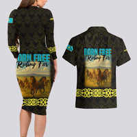 Kazakhstan Born Free Riding Far Couples Matching Long Sleeve Bodycon Dress and Hawaiian Shirt with Wild Horses and Gold Tribal Pattern on Black