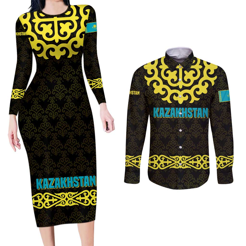 Kazakhstan Born Free Riding Far Couples Matching Long Sleeve Bodycon Dress and Long Sleeve Button Shirt with Wild Horses and Gold Tribal Pattern on Black