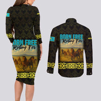 Kazakhstan Born Free Riding Far Couples Matching Long Sleeve Bodycon Dress and Long Sleeve Button Shirt with Wild Horses and Gold Tribal Pattern on Black
