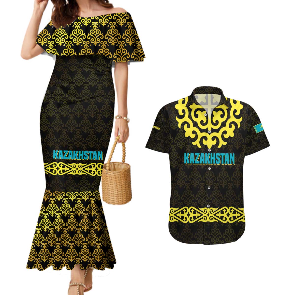 Kazakhstan Born Free Riding Far Couples Matching Mermaid Dress and Hawaiian Shirt with Wild Horses and Gold Tribal Pattern on Black