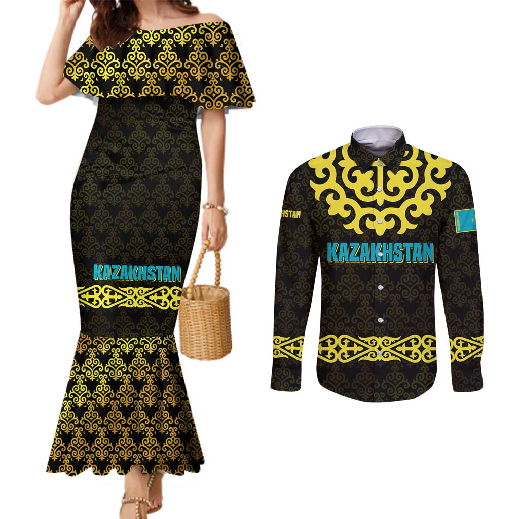 Kazakhstan Born Free Riding Far Couples Matching Mermaid Dress and Long Sleeve Button Shirt with Wild Horses and Gold Tribal Pattern on Black