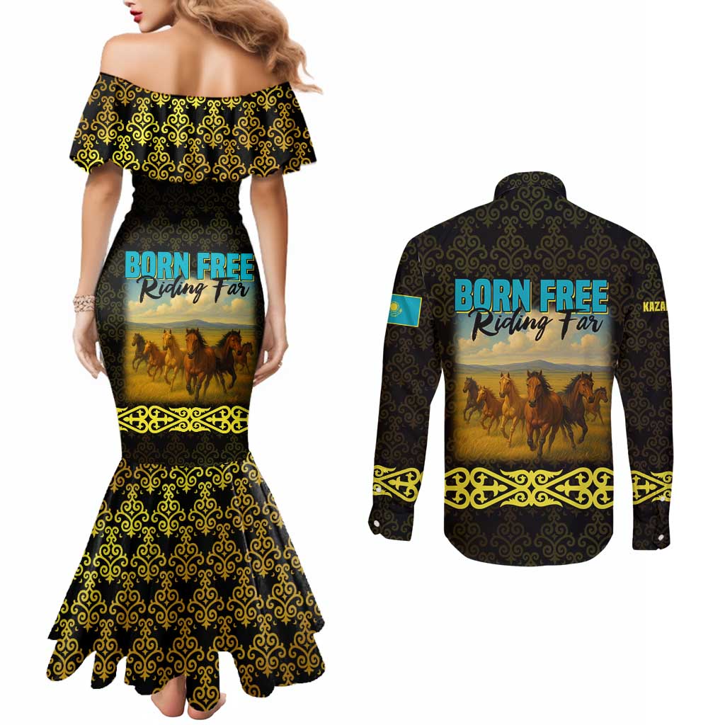 Kazakhstan Born Free Riding Far Couples Matching Mermaid Dress and Long Sleeve Button Shirt with Wild Horses and Gold Tribal Pattern on Black