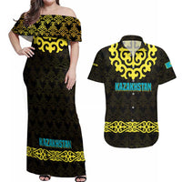 Kazakhstan Born Free Riding Far Couples Matching Off Shoulder Maxi Dress and Hawaiian Shirt with Wild Horses and Gold Tribal Pattern on Black