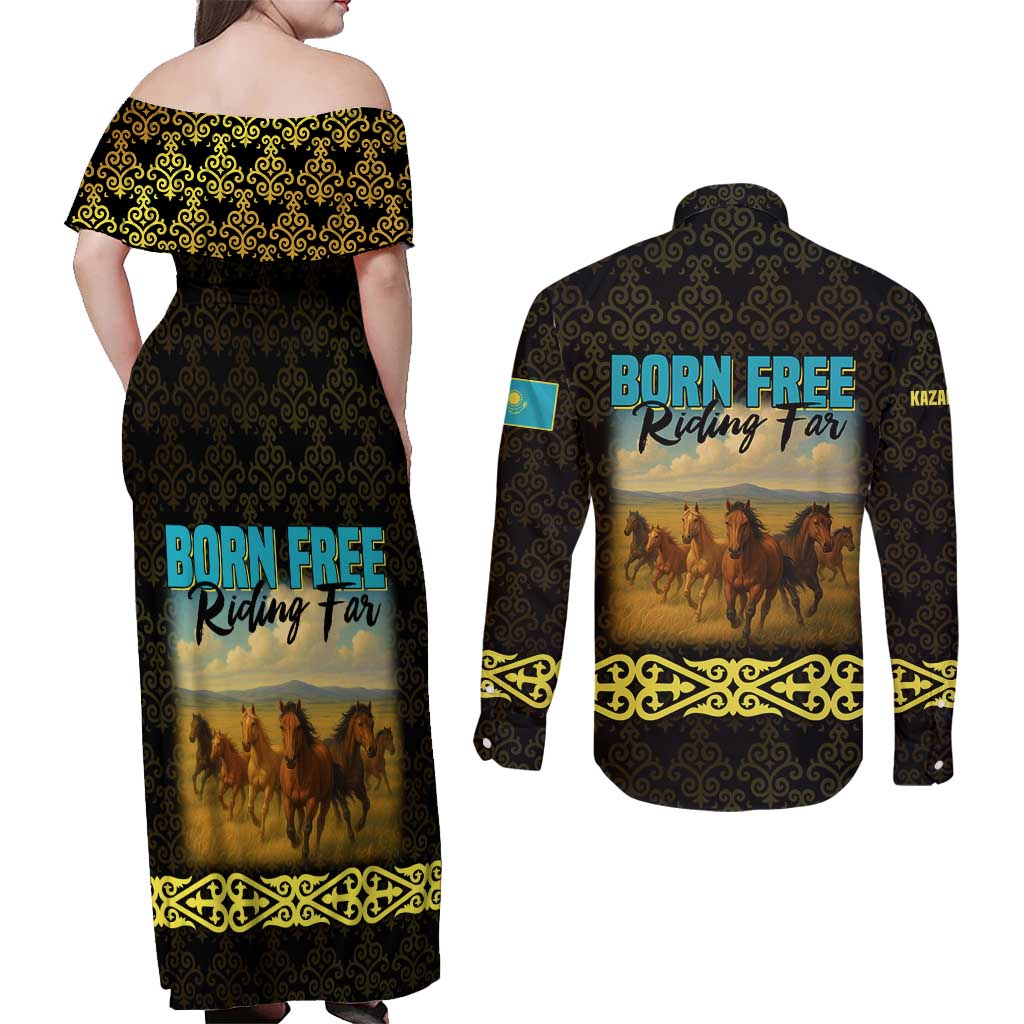 Kazakhstan Born Free Riding Far Couples Matching Off Shoulder Maxi Dress and Long Sleeve Button Shirt with Wild Horses and Gold Tribal Pattern on Black
