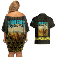 Kazakhstan Born Free Riding Far Couples Matching Off Shoulder Short Dress and Hawaiian Shirt with Wild Horses and Gold Tribal Pattern on Black