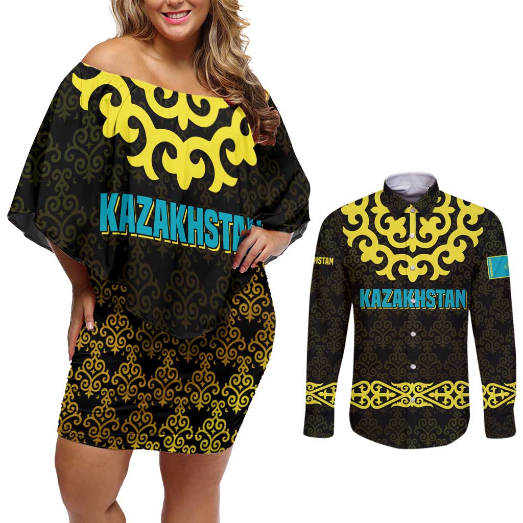 Kazakhstan Born Free Riding Far Couples Matching Off Shoulder Short Dress and Long Sleeve Button Shirt with Wild Horses and Gold Tribal Pattern on Black