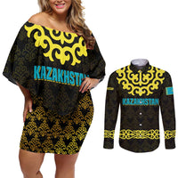 Kazakhstan Born Free Riding Far Couples Matching Off Shoulder Short Dress and Long Sleeve Button Shirt with Wild Horses and Gold Tribal Pattern on Black