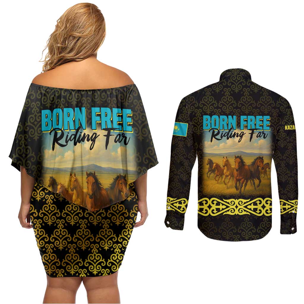 Kazakhstan Born Free Riding Far Couples Matching Off Shoulder Short Dress and Long Sleeve Button Shirt with Wild Horses and Gold Tribal Pattern on Black