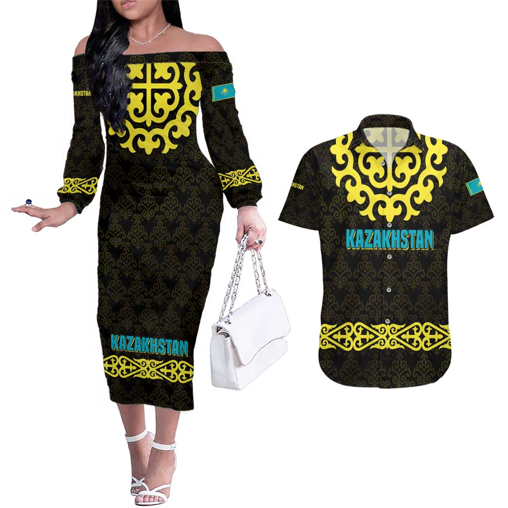 Kazakhstan Born Free Riding Far Couples Matching Off The Shoulder Long Sleeve Dress and Hawaiian Shirt with Wild Horses and Gold Tribal Pattern on Black