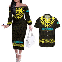 Kazakhstan Born Free Riding Far Couples Matching Off The Shoulder Long Sleeve Dress and Hawaiian Shirt with Wild Horses and Gold Tribal Pattern on Black