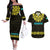 Kazakhstan Born Free Riding Far Couples Matching Off The Shoulder Long Sleeve Dress and Hawaiian Shirt with Wild Horses and Gold Tribal Pattern on Black