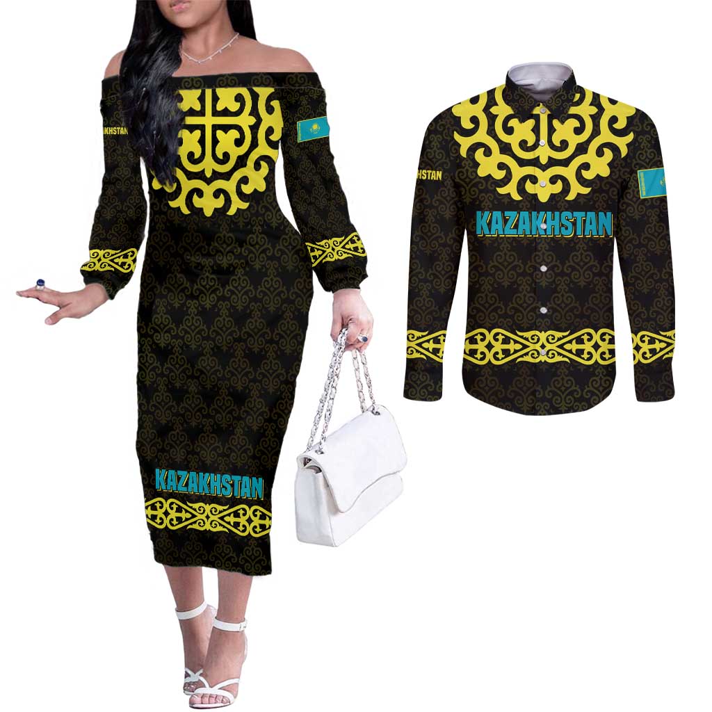 Kazakhstan Born Free Riding Far Couples Matching Off The Shoulder Long Sleeve Dress and Long Sleeve Button Shirt with Wild Horses and Gold Tribal Pattern on Black