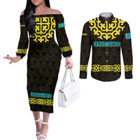 Kazakhstan Born Free Riding Far Couples Matching Off The Shoulder Long Sleeve Dress and Long Sleeve Button Shirt with Wild Horses and Gold Tribal Pattern on Black