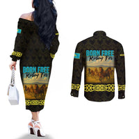 Kazakhstan Born Free Riding Far Couples Matching Off The Shoulder Long Sleeve Dress and Long Sleeve Button Shirt with Wild Horses and Gold Tribal Pattern on Black