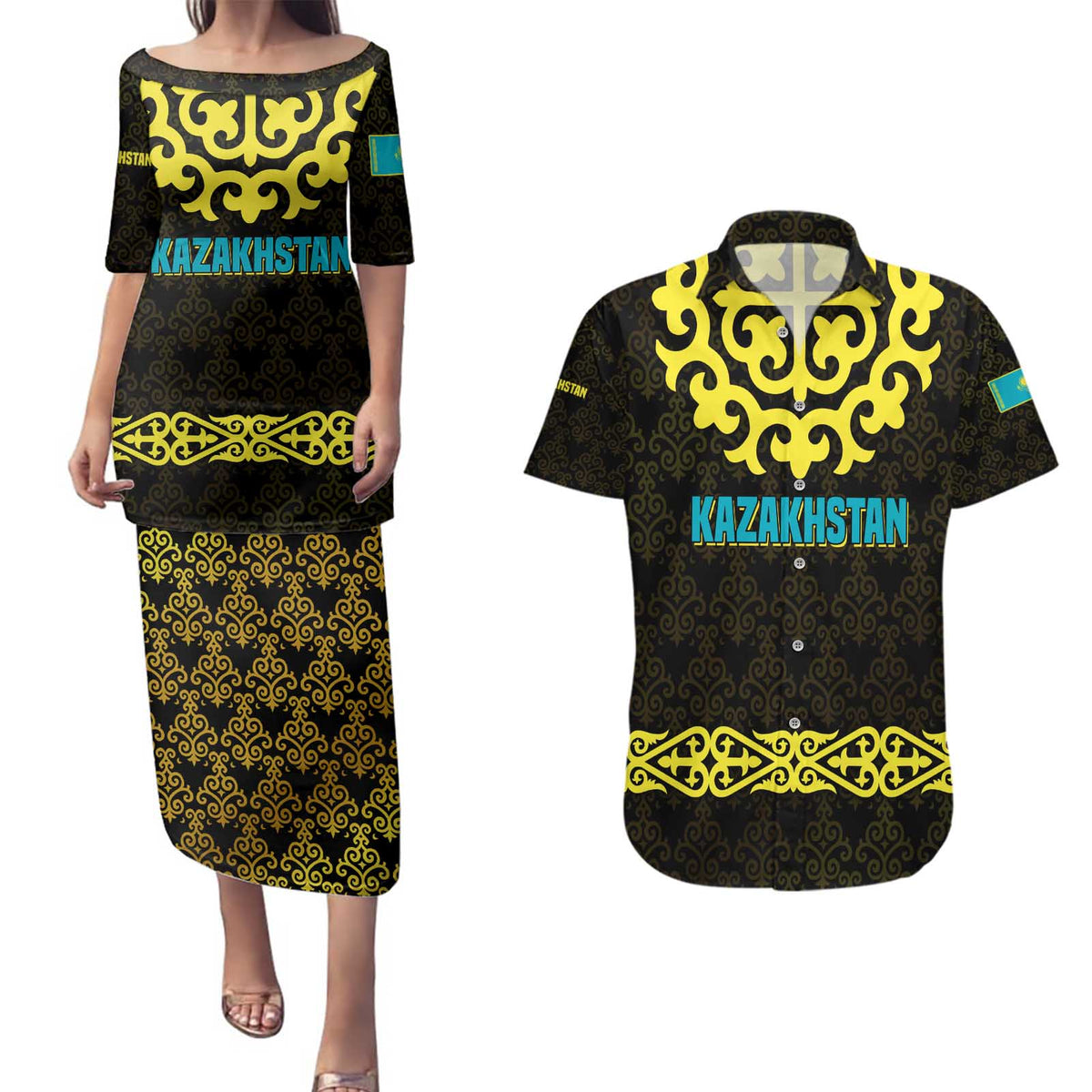 Kazakhstan Born Free Riding Far Couples Matching Puletasi and Hawaiian Shirt with Wild Horses and Gold Tribal Pattern on Black
