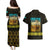 Kazakhstan Born Free Riding Far Couples Matching Puletasi and Hawaiian Shirt with Wild Horses and Gold Tribal Pattern on Black