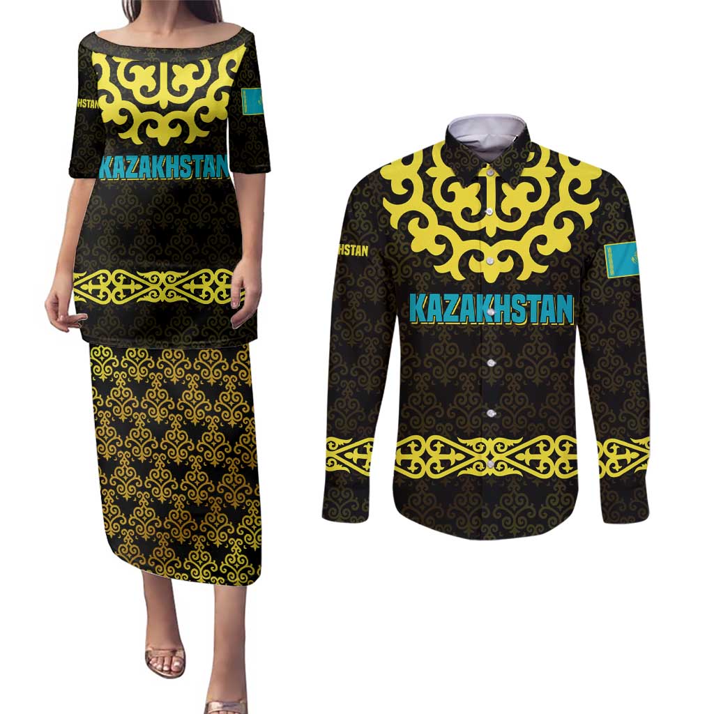 Kazakhstan Born Free Riding Far Couples Matching Puletasi and Long Sleeve Button Shirt with Wild Horses and Gold Tribal Pattern on Black