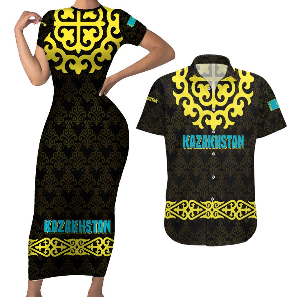 Kazakhstan Born Free Riding Far Couples Matching Short Sleeve Bodycon Dress and Hawaiian Shirt with Wild Horses and Gold Tribal Pattern on Black