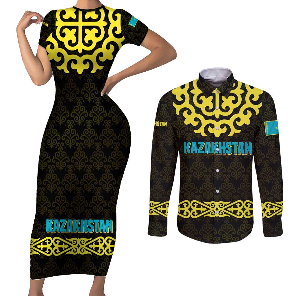Kazakhstan Born Free Riding Far Couples Matching Short Sleeve Bodycon Dress and Long Sleeve Button Shirt with Wild Horses and Gold Tribal Pattern on Black