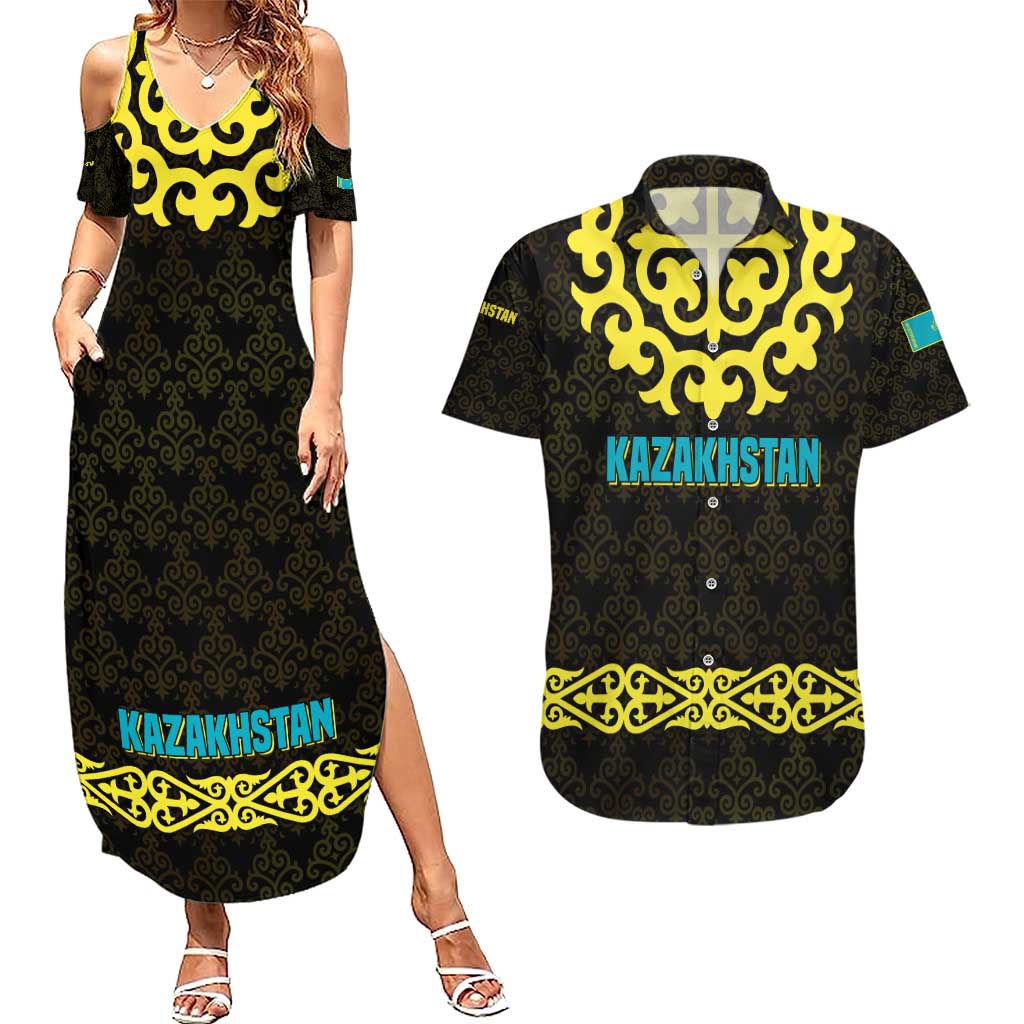 Kazakhstan Born Free Riding Far Couples Matching Summer Maxi Dress and Hawaiian Shirt with Wild Horses and Gold Tribal Pattern on Black