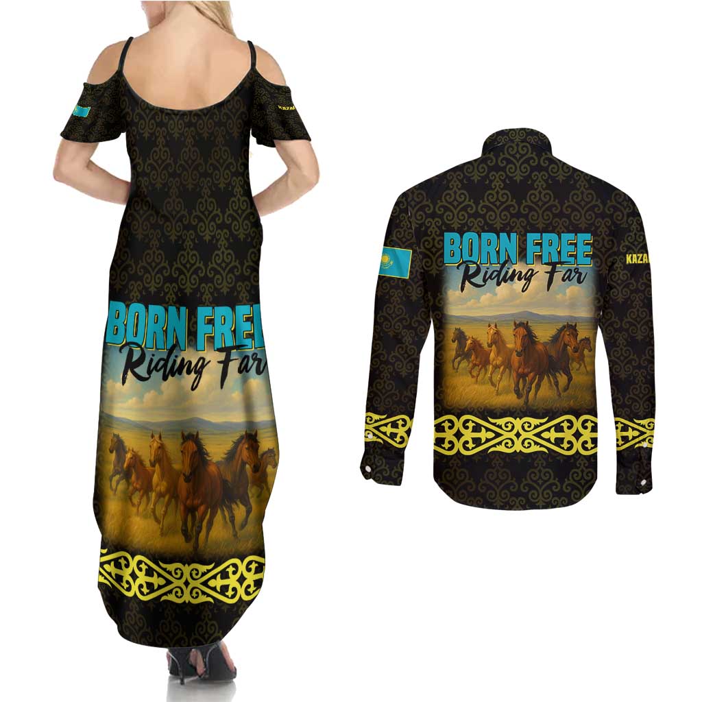 Kazakhstan Born Free Riding Far Couples Matching Summer Maxi Dress and Long Sleeve Button Shirt with Wild Horses and Gold Tribal Pattern on Black