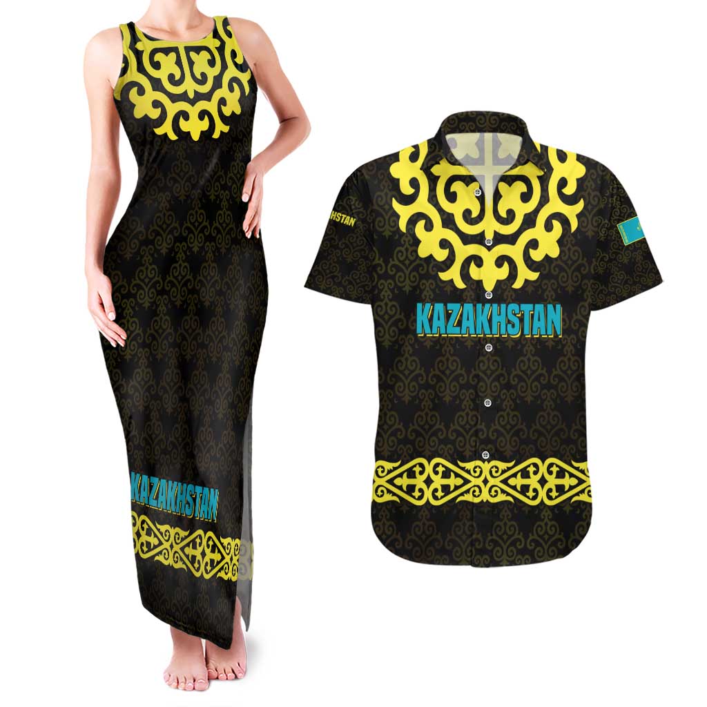 Kazakhstan Born Free Riding Far Couples Matching Tank Maxi Dress and Hawaiian Shirt with Wild Horses and Gold Tribal Pattern on Black