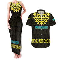 Kazakhstan Born Free Riding Far Couples Matching Tank Maxi Dress and Hawaiian Shirt with Wild Horses and Gold Tribal Pattern on Black