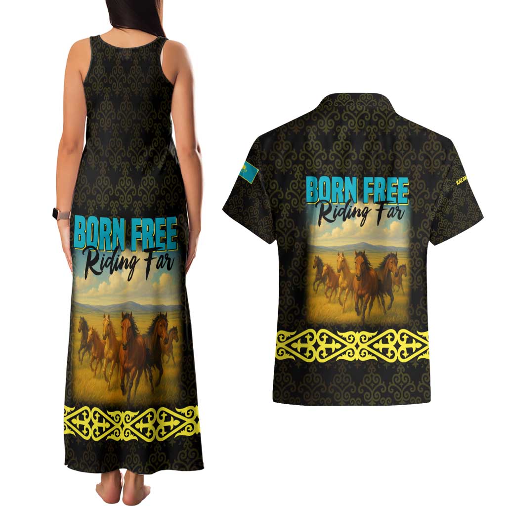 Kazakhstan Born Free Riding Far Couples Matching Tank Maxi Dress and Hawaiian Shirt with Wild Horses and Gold Tribal Pattern on Black