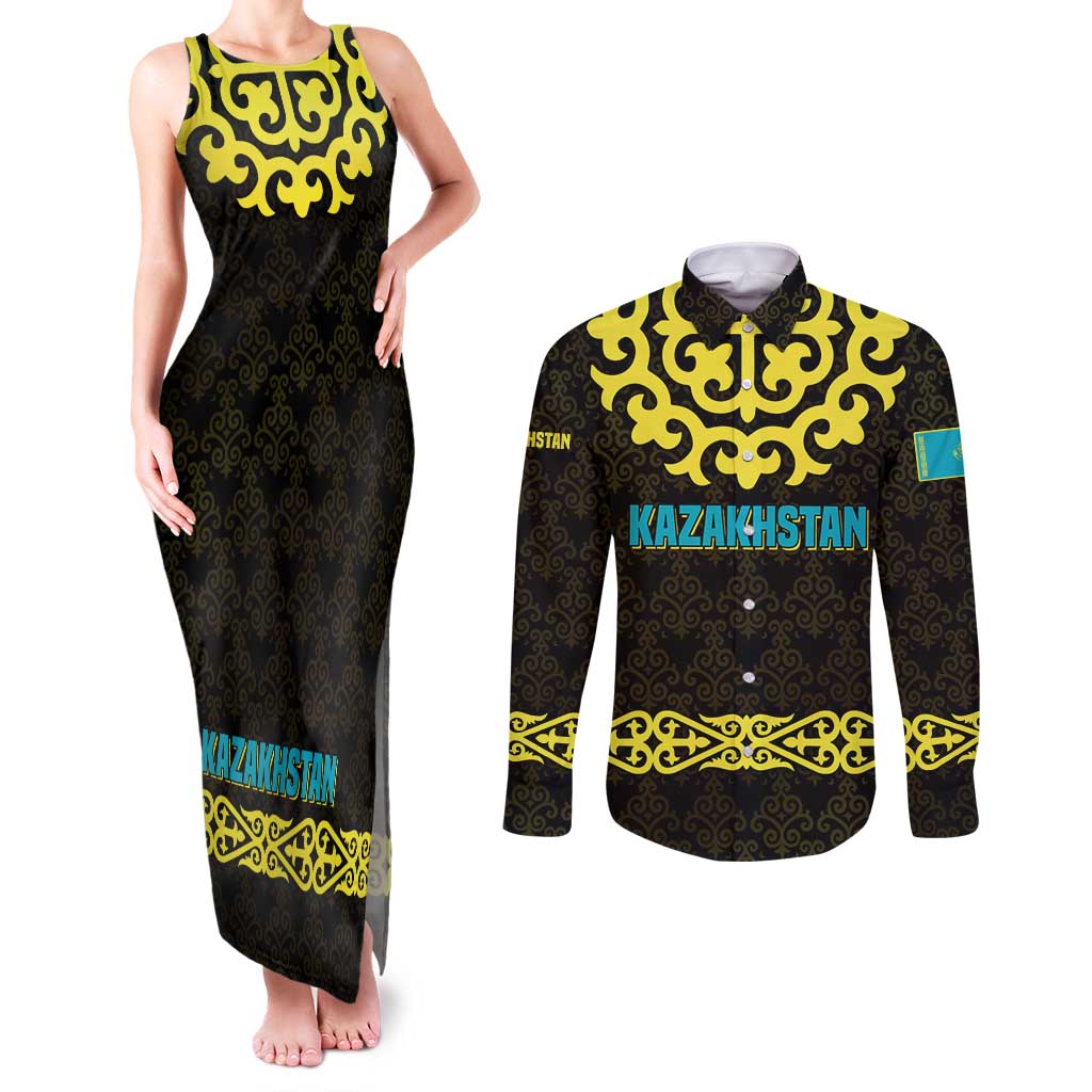 Kazakhstan Born Free Riding Far Couples Matching Tank Maxi Dress and Long Sleeve Button Shirt with Wild Horses and Gold Tribal Pattern on Black