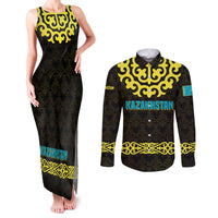 Kazakhstan Born Free Riding Far Couples Matching Tank Maxi Dress and Long Sleeve Button Shirt with Wild Horses and Gold Tribal Pattern on Black