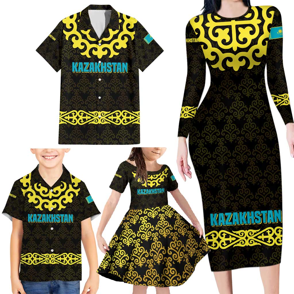 Kazakhstan Born Free Riding Far Family Matching Long Sleeve Bodycon Dress and Hawaiian Shirt with Wild Horses and Gold Tribal Pattern on Black
