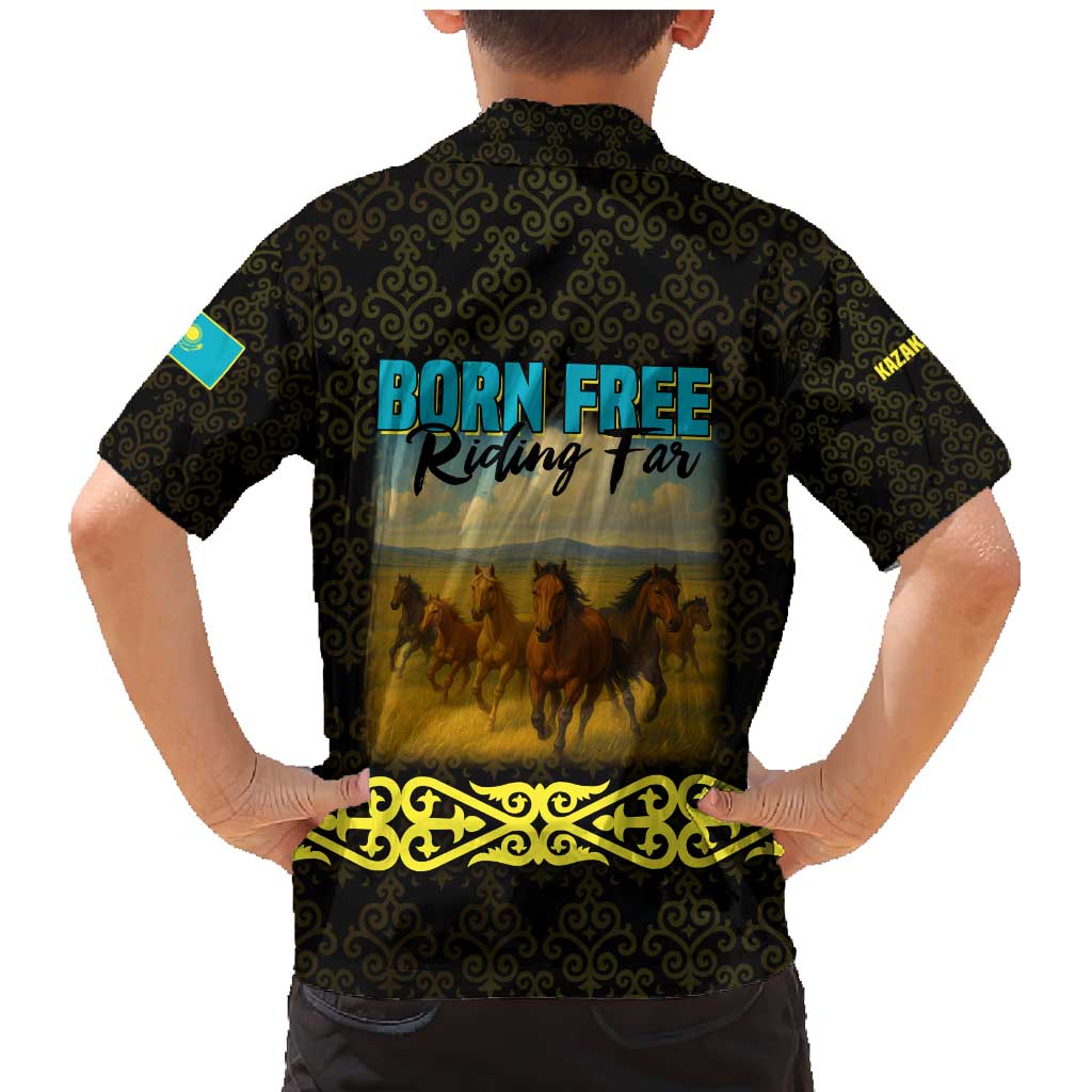 Kazakhstan Born Free Riding Far Family Matching Mermaid Dress and Hawaiian Shirt with Wild Horses and Gold Tribal Pattern on Black