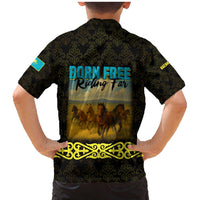 Kazakhstan Born Free Riding Far Family Matching Mermaid Dress and Hawaiian Shirt with Wild Horses and Gold Tribal Pattern on Black